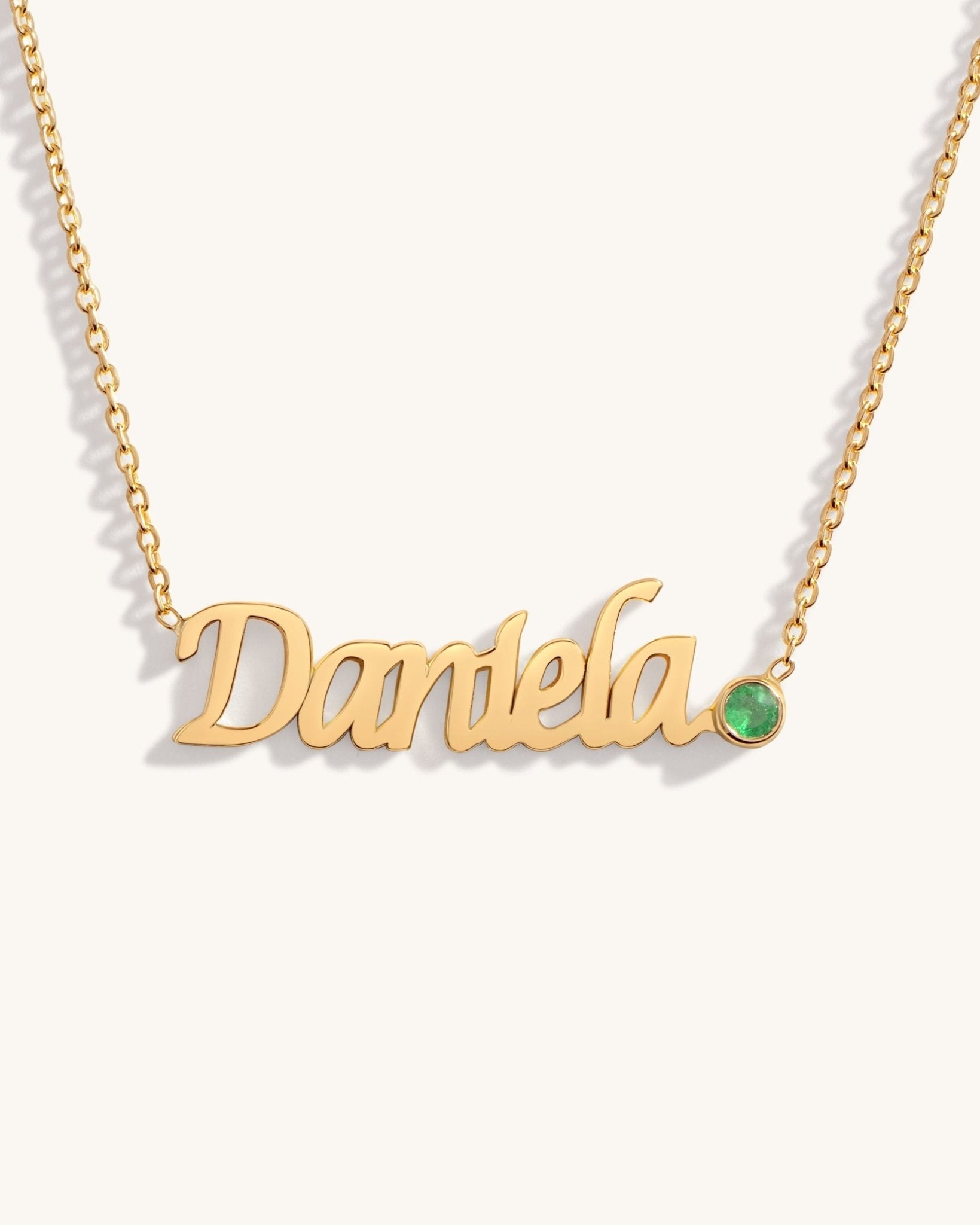 Solid Gold Script Name & Gemstone Bezel Necklace - Sparkle Society