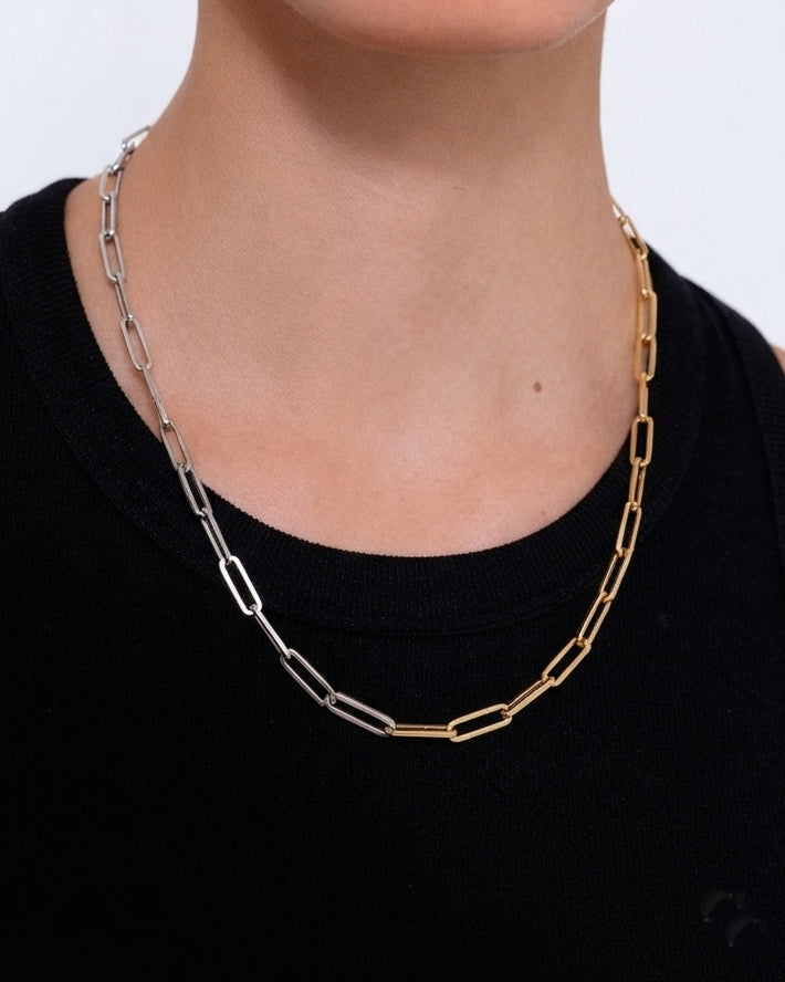 Two Tone Hollow Gold Paperclip Necklace - Sparkle Society