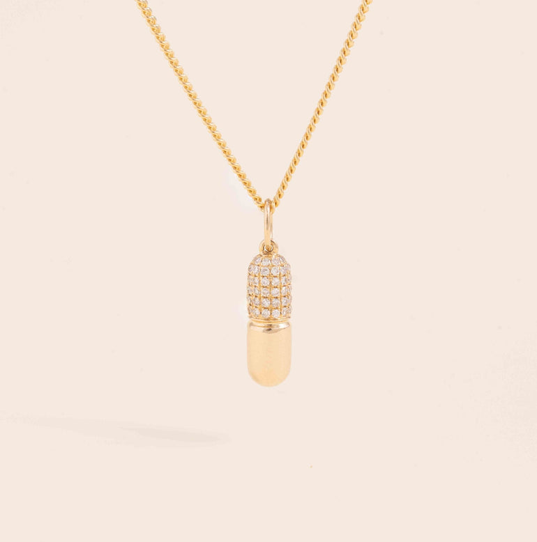 Diamond and Gold Pill Necklace Charm - Sparkle Society