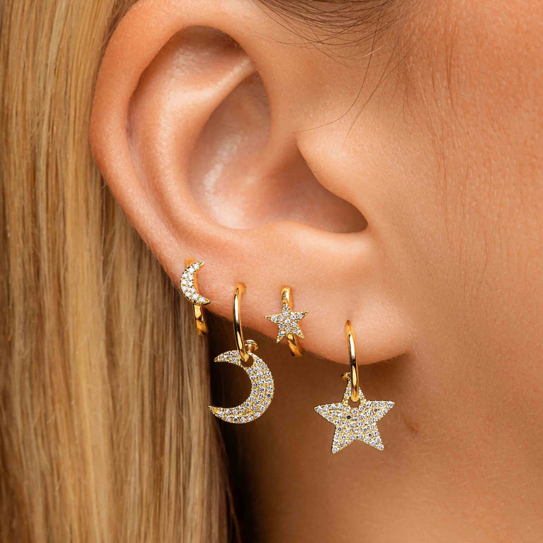 Diamond Dangling Moon And Star Huggie Earrings - Sparkle Society