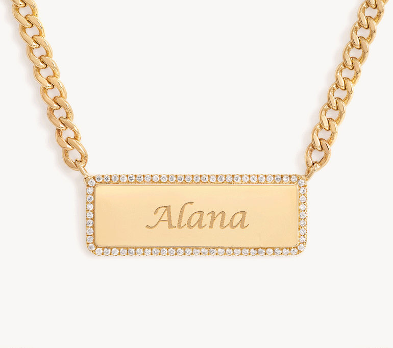 Diamond Horizontal Custom Plate In Curb Chain Necklace - Sparkle Society