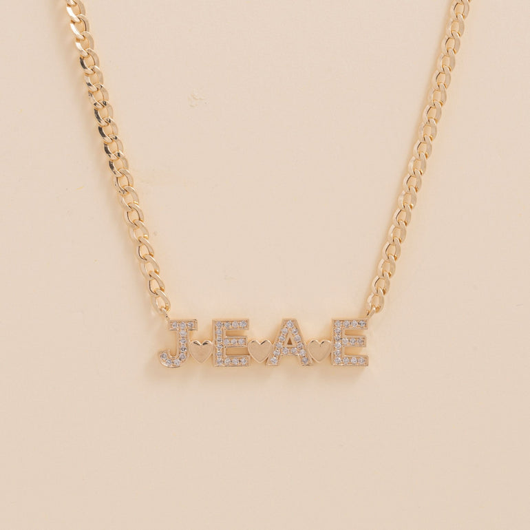 Diamond Custom with Solid Gold Heart Curb Chain Necklace - Sparkle Society