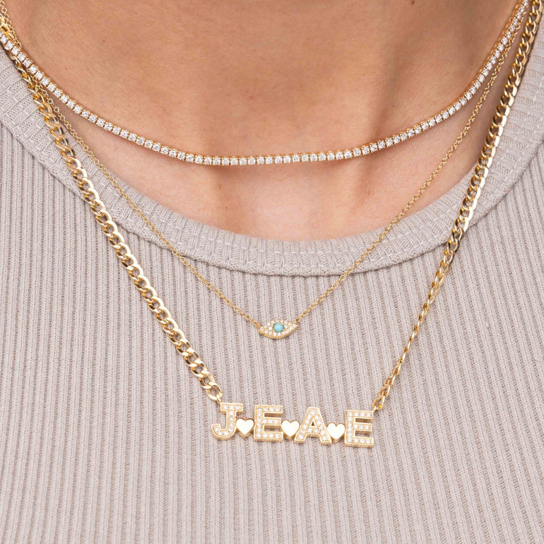 Diamond Custom with Solid Gold Heart Curb Chain Necklace - Sparkle Society