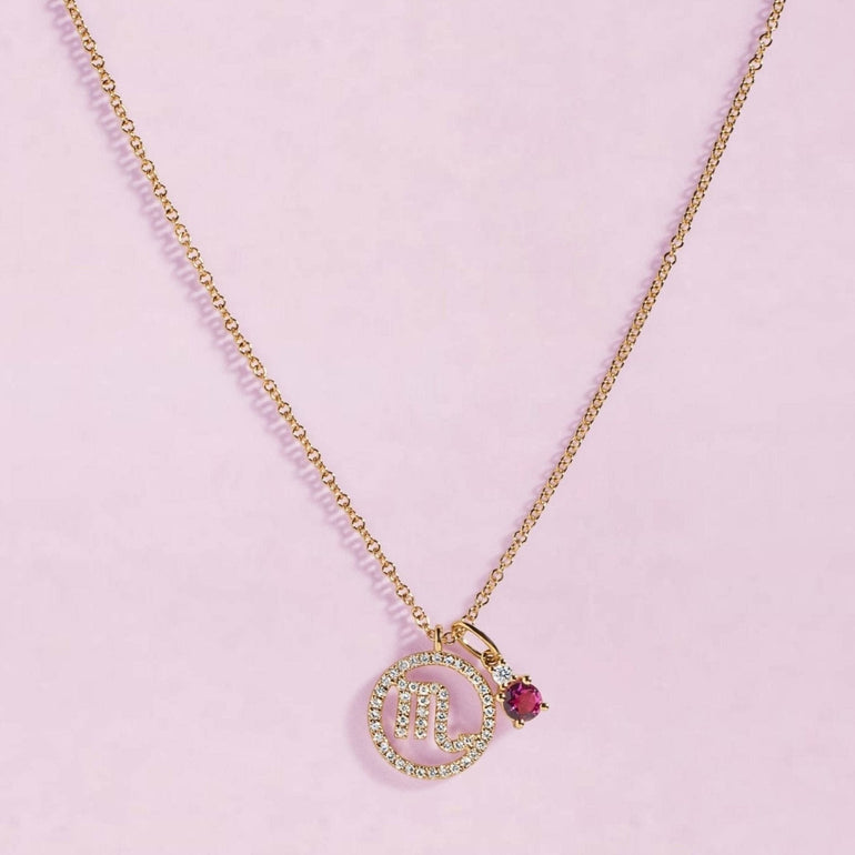 Diamond Zodiac Necklace with Birthstone Charm - Sparkle Society