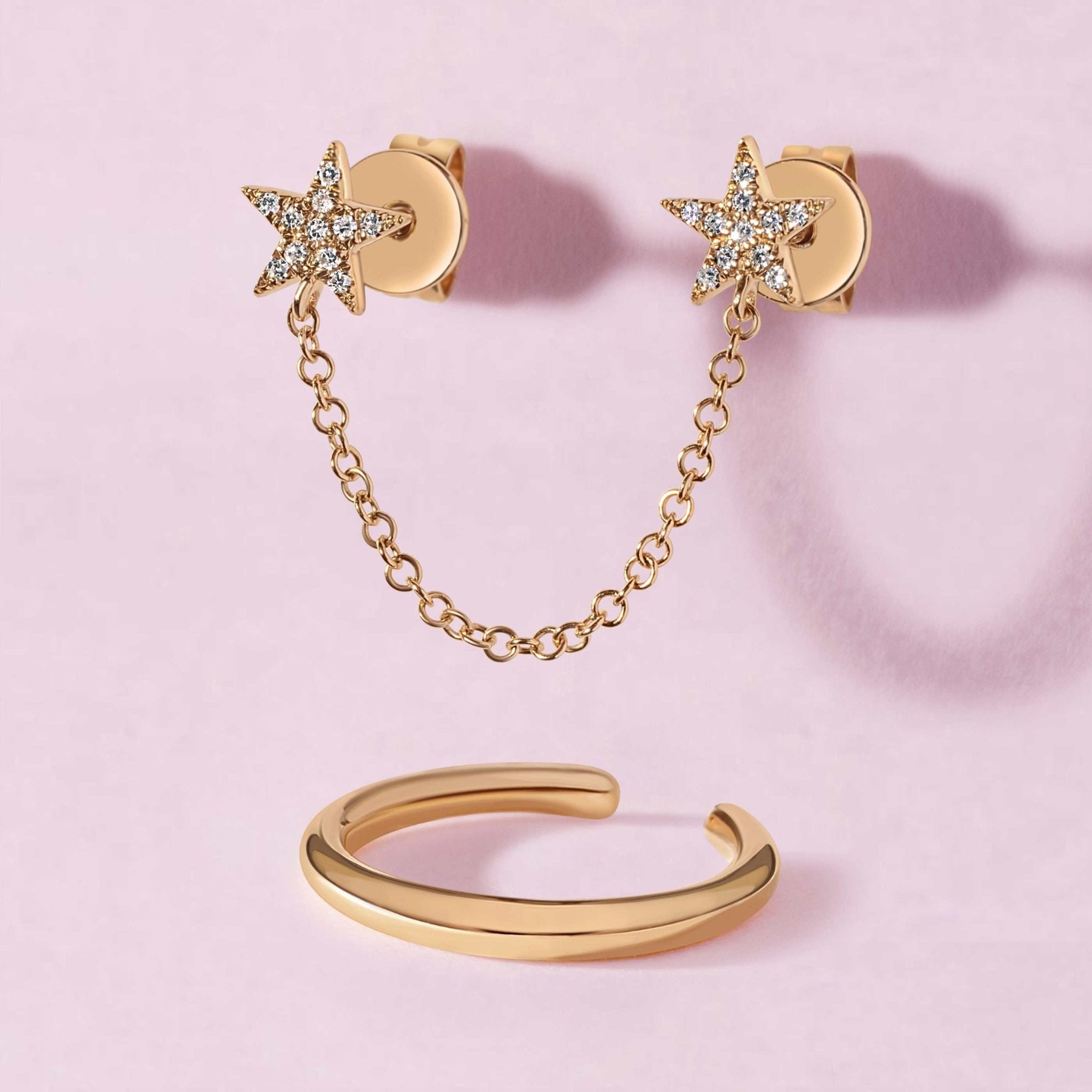 Double Pave Stars Chain Stud + Solid Gold Ear Cuff - Sparkle Society