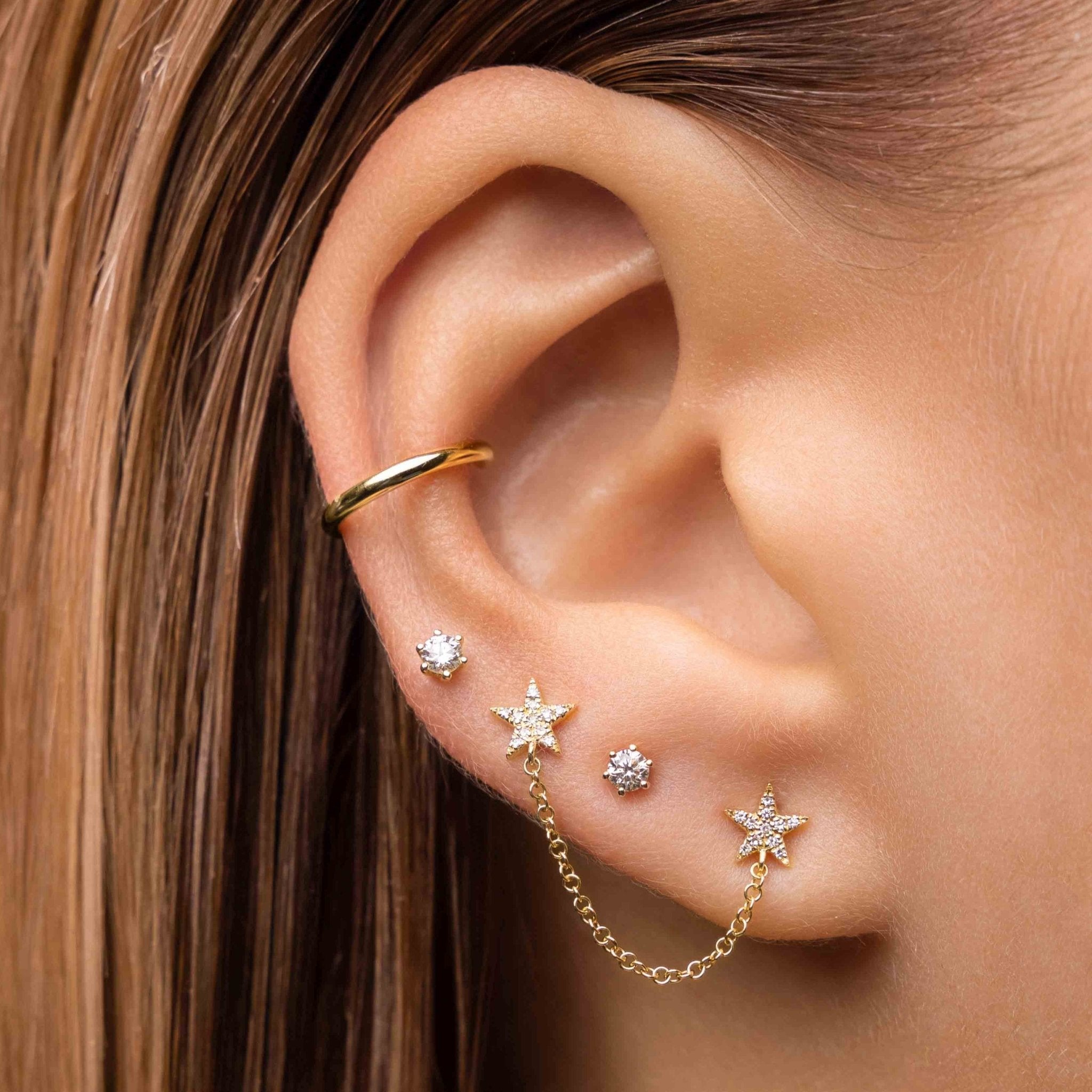 Double Pave Stars Chain Stud + Solid Gold Ear Cuff - Sparkle Society