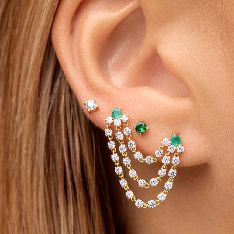 Emerald Triple Diamond Chain Drop Earrings - Sparkle Society