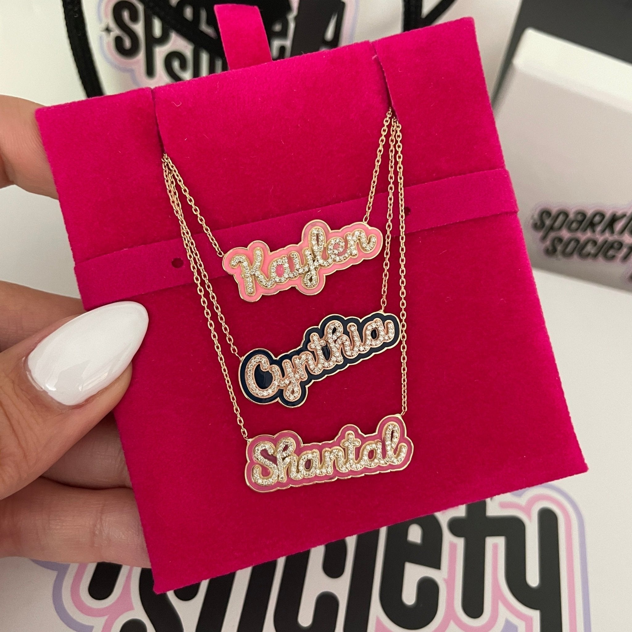 Enamel Outline Script Name Necklace Sparkle Society