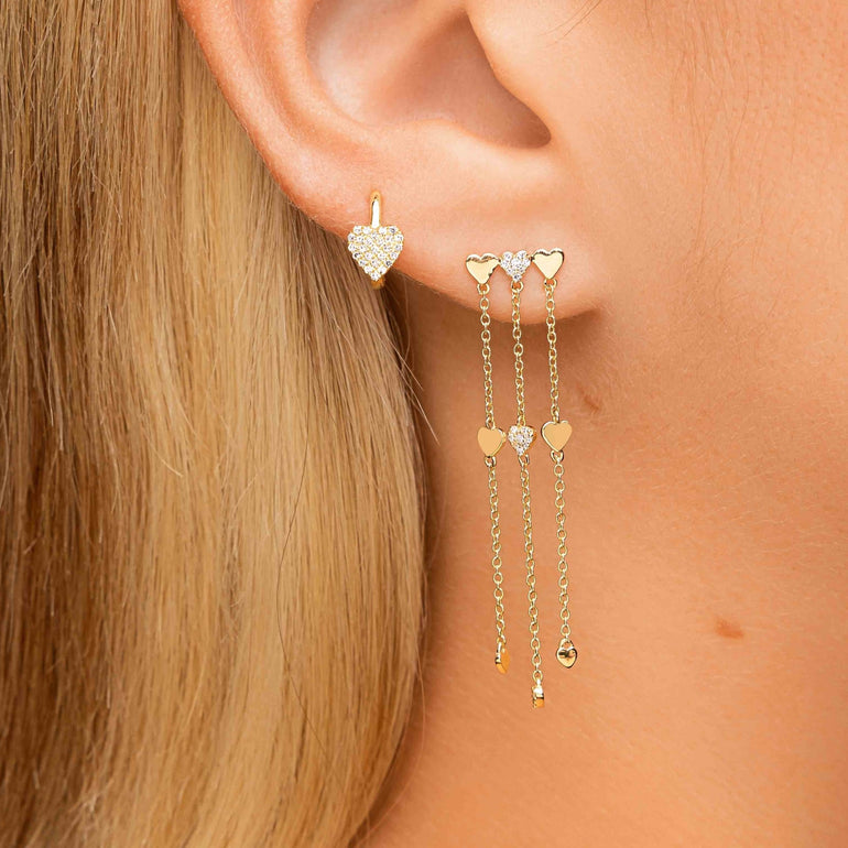 Gold And Diamond Multi Heart Drop Chain Studs - Sparkle Society