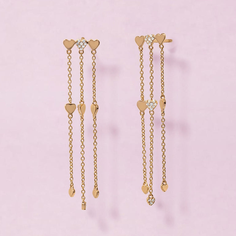 Gold And Diamond Multi Heart Drop Chain Studs - Sparkle Society