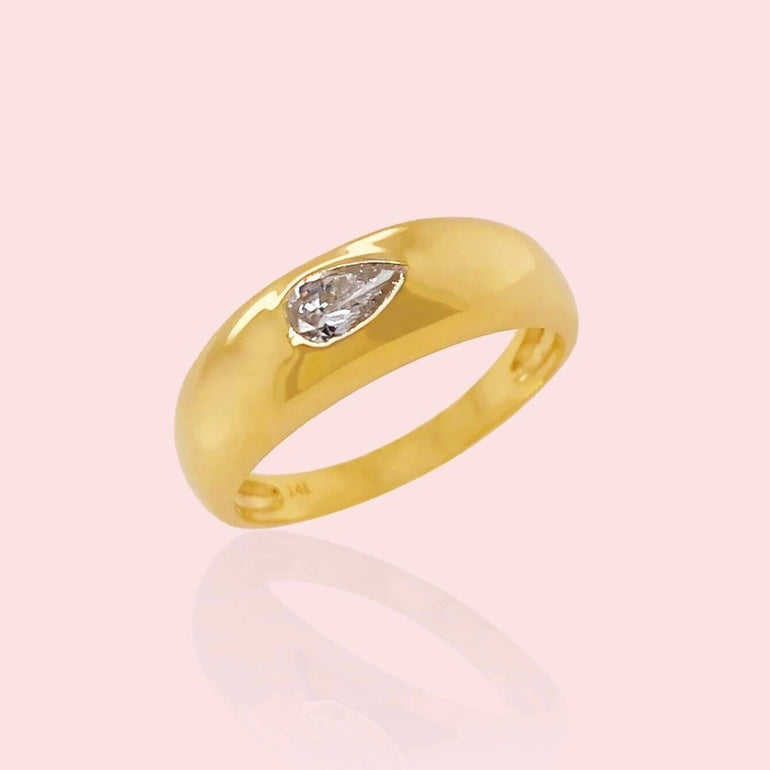Gold Band Ring With Single Pear Diamond - Sparkle Society