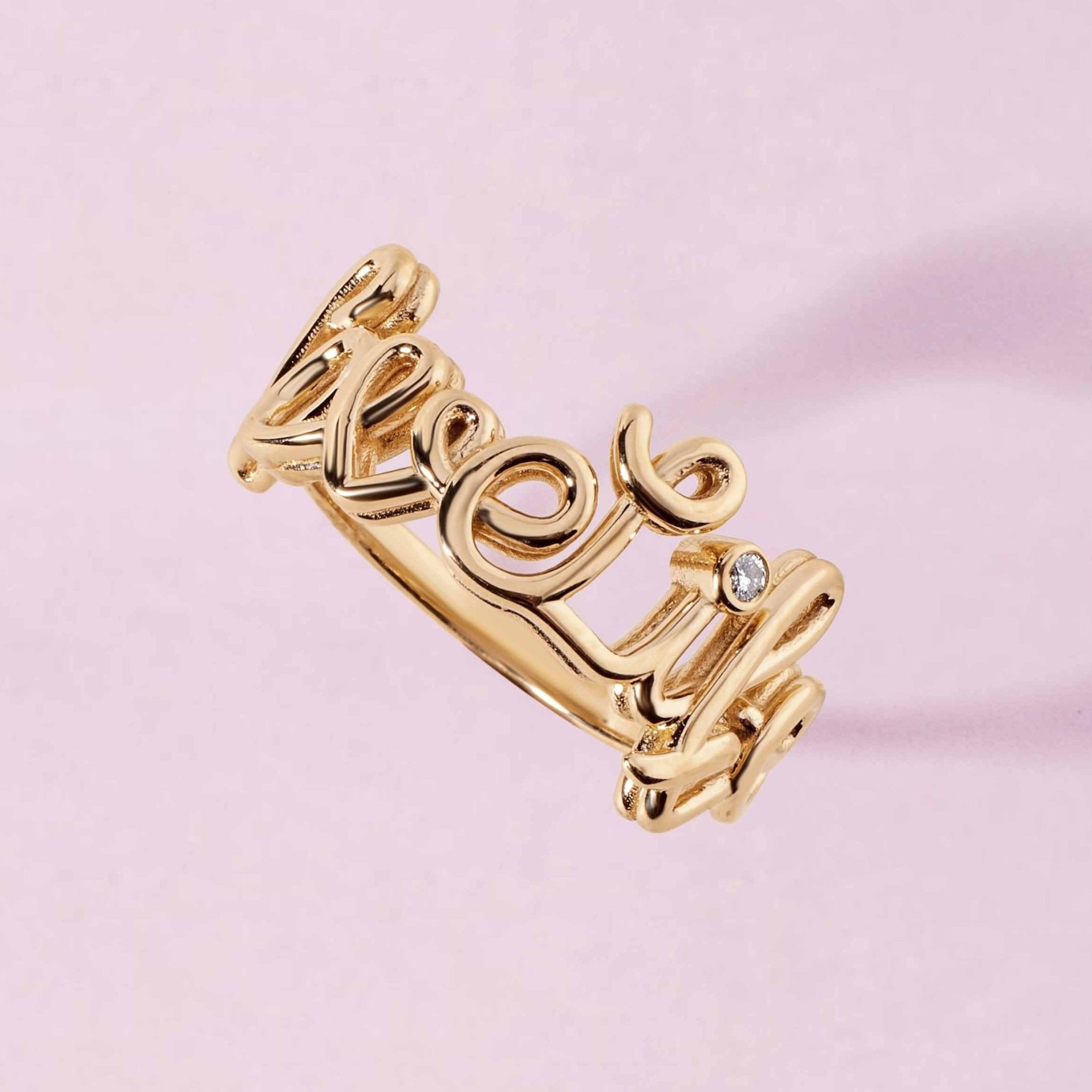 Gold Wire Script Name with Diamond Accent Ring - Sparkle Society
