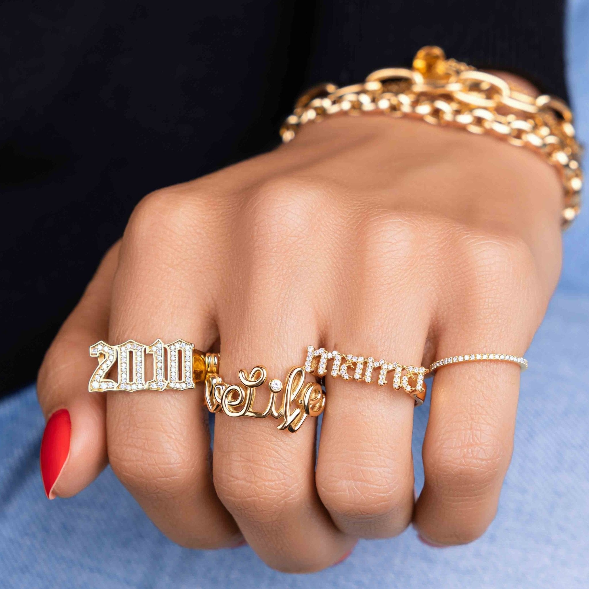 Gold Wire Script Name with Diamond Accent Ring - Sparkle Society
