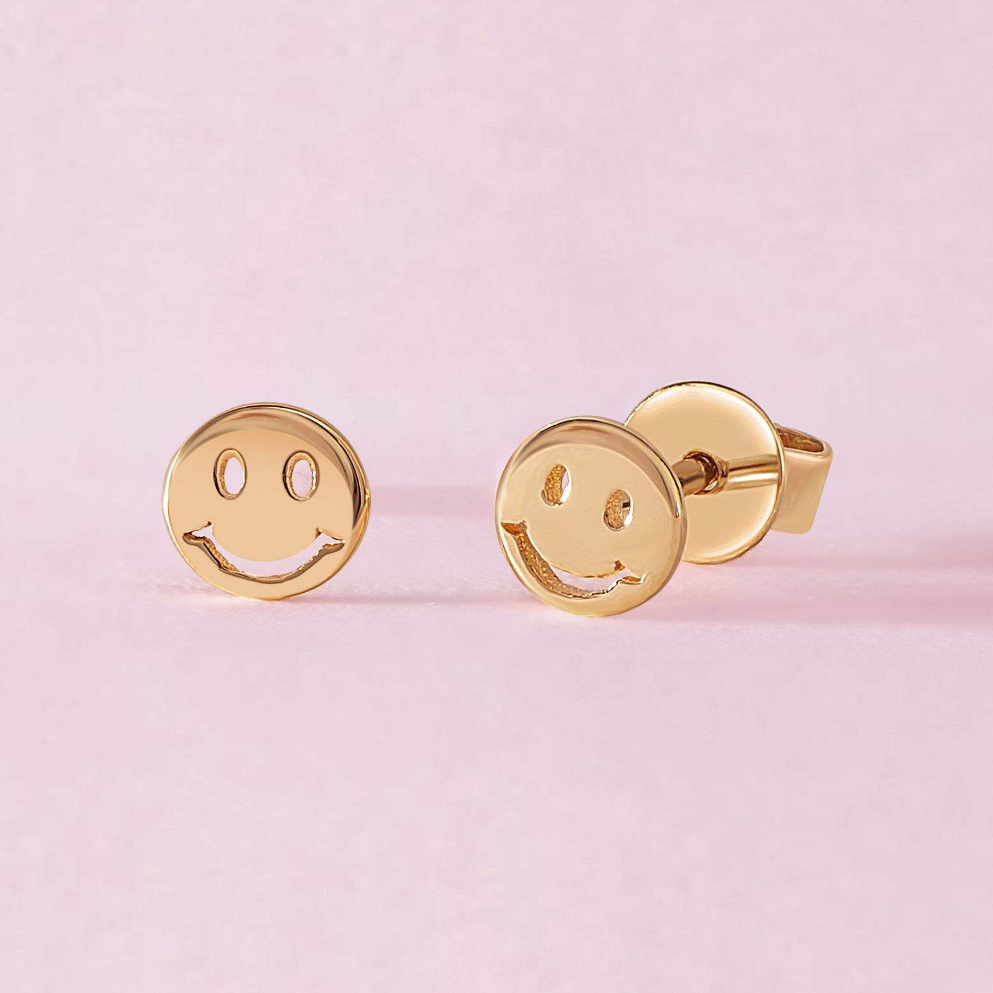 Tiny Solid Gold Smiley Face Stud Earrings - Sparkle Society