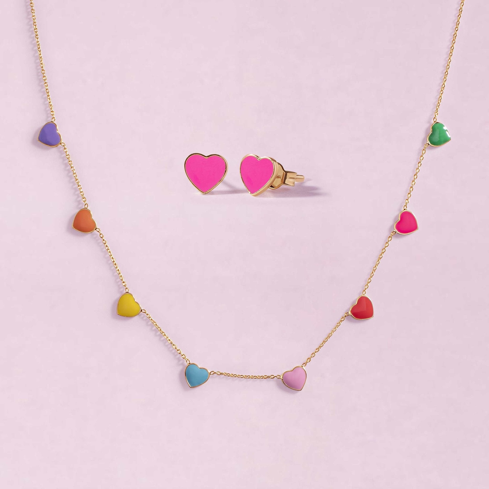 Multi Color Enamel Heart Necklace + Heart Studs - Sparkle Society