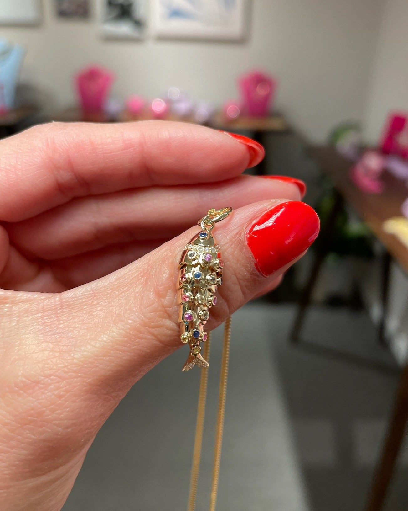 Multi Gemstone Gold Fish Necklace Charm - Sparkle Society