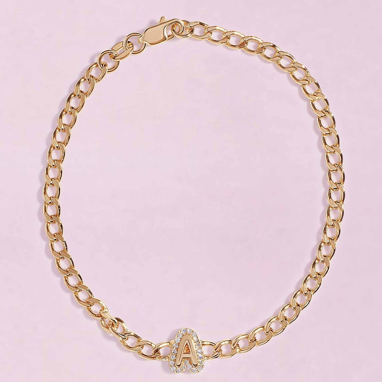 Pave Outline Bubble Initial On Curb Chain Bracelet - Sparkle Society
