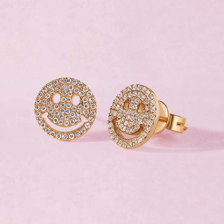 Large Diamond Pave Smiley Face Stud Earrings - Sparkle Society