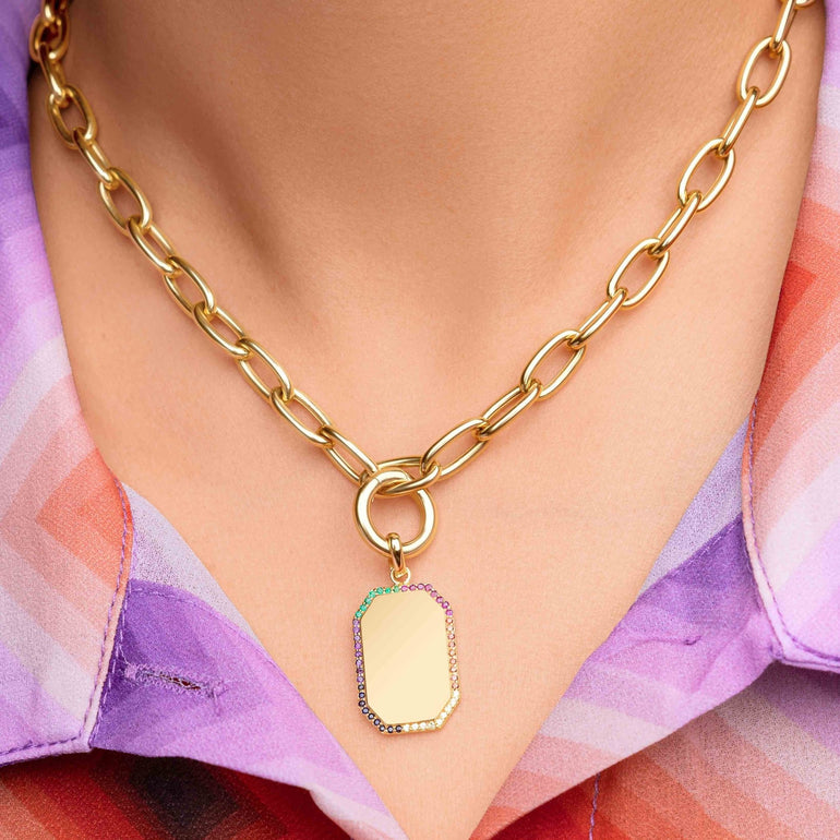 Engravable Rainbow Outline Hexagon ID Tag Necklace Charm - Sparkle Society