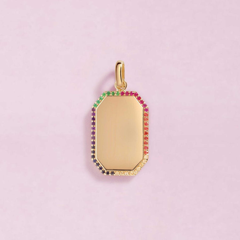 Engravable Rainbow Outline Hexagon ID Tag Necklace Charm - Sparkle Societya
