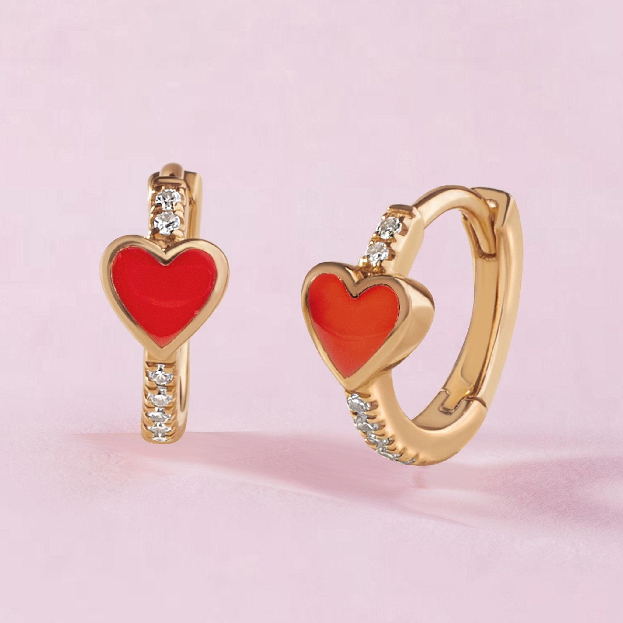 Mini Red Enamel Heart Diamond Huggie Earrings - Sparkle Society