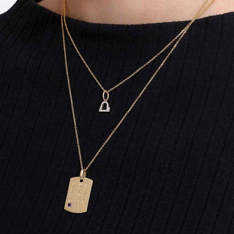 Engravable Solid Gold And Single Gemstone ID Tag Necklace Charm - Sparkle Society
