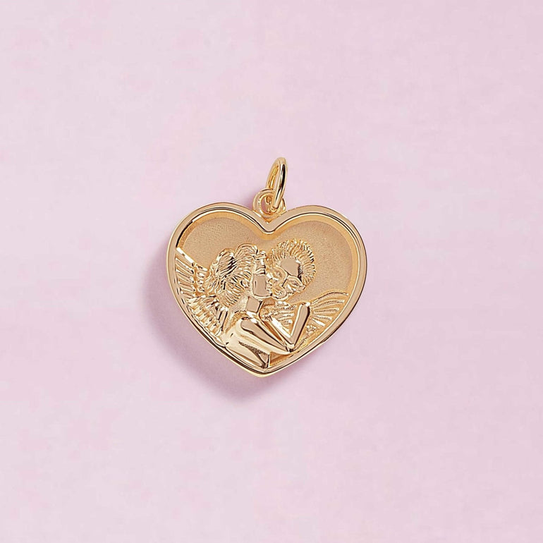 Solid Gold Heart With Angels Necklace Charm - Eleonora Beracasa