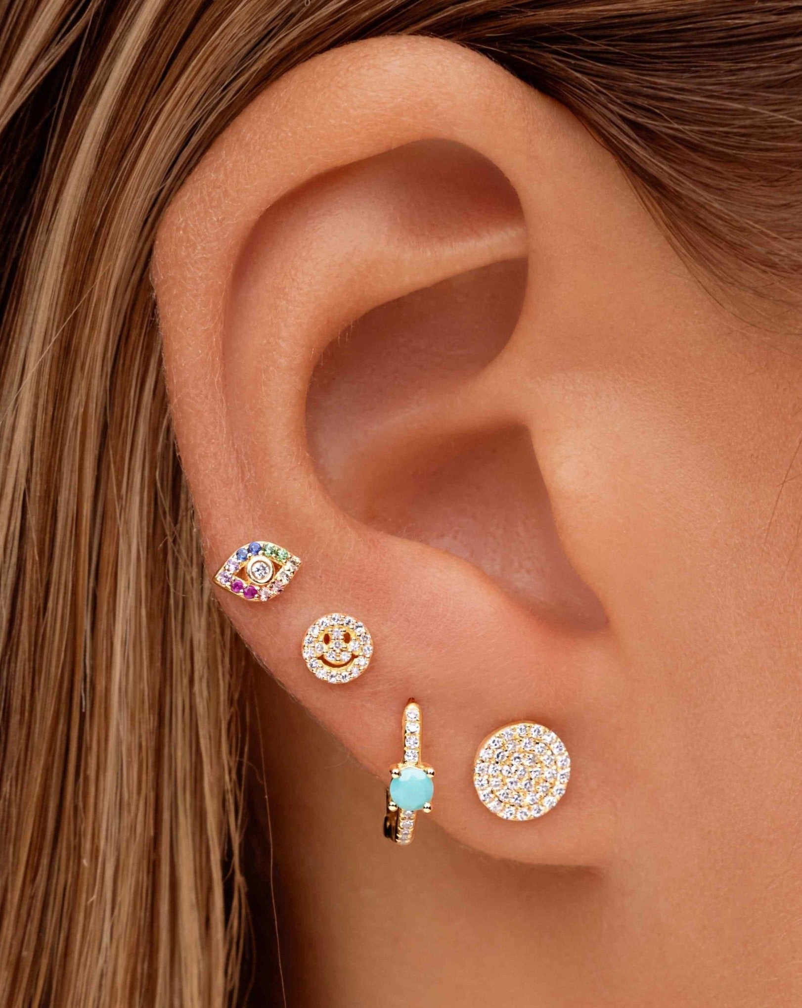 Tiny Diamond Pave Smiley Face Stud Earrings - Sparkle Society